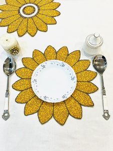 Handmade <b>Beaded</b> Sunflower Shaped Yellow Gold Mat Decorative <b>Placemat</b> for Wedding Christmas & Family Gatherings - Product Image 2