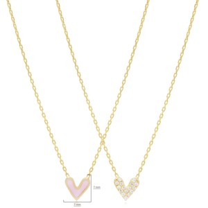 Collier en argent sterling 925 fait main avec pendentif cœur émaillé rose double face et zircone cubique, vente en gros turque - Product Image 2