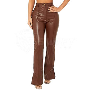 กางเกงหนังลำลองสำหรับผู้หญิง, กางเกงเอวสูงปานกลางดีไซน์ด้านหน้าเรียบมีคุณสมบัติระบายอากาศสำหรับฤดูหนาว - Product Image 1