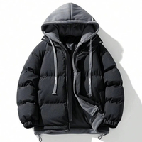 Blouson matelassé noir personnalisé avec capuche grise à cordon de serrage |   Manteau matelassé épais pour l'hiver |   Vêtements d'extérieur chauds et isolés pour hommes OEM/ODM