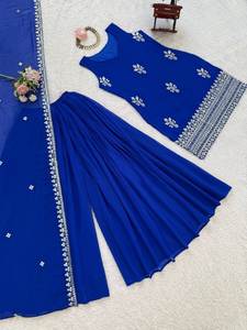 Ensemble Sharara brodé lourd bleu saphir pour femmes Kurti en georgette de qualité supérieure avec dupatta Ensemble de fête et de soirée - Product Image 3