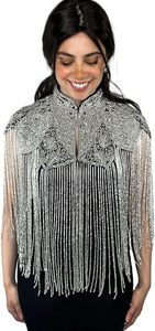 Cape burlesque élégante en cachemire, ornée de perles et de paillettes, silhouette asymétrique, col en V, fermeture à l'arrière, idéale pour les occasions festives et les clubs. - Product Image 4