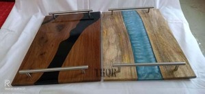 Juego de dos bandejas de bambú para servir con asas, bandeja de desayuno para encimera de café, bandeja de escritorio para servir café, té, fruta - Product Image 3