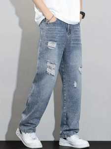 กางเกงยีนส์แบบขาดทันสมัยสำหรับผู้ชายกางเกงยีนส์ทรงหลวมทรงหลวมกางเกงลำลองทันสมัยเหมาะสำหรับใส่ทำงานแนวสตรีทฤดูร้อน - Product Image 4