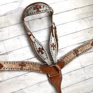 Barkat Overseas CO14786 Western Leather Horse Cowhide Bridle Brass Nickel-Plated Hardware Cross Stitch Design Cowhide Tacket - Product Image 1