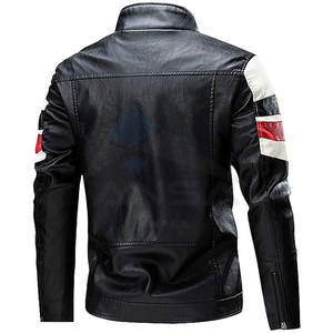 Veste en cuir pour homme à col montant, style motard, blocs de couleur, fermeture éclair intégrale, pour l'automne et l'hiver, noir, blanc et rouge - Product Image 2
