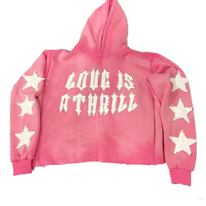 Sudadera con capucha lavada con ácido desteñida al sol unisex 100% algodón polar personalizable recortada parche desgastado apliques diseño bordado invierno - Product Image 1