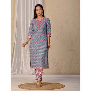 Blue Ethnic Indian Anarkali Kurta Pant Set Butta <b>Block</b> <b>Printed</b> Cotton with Embroidery Work Silk Net Material for Party Wear - Product Image 3