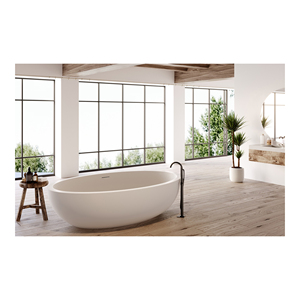 Bañera de terrazo independiente de diseño tradicional moderno, bañera de superficie sólida con escurridor para Baño - Product Image 1