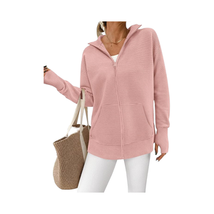 <b>Womens</b> Fall 2026 Ribbed Knit <b>Zip</b>-<b>Up</b> <b>Cardigan</b> Sweater with Thumb Holes and Collar Long Sleeve Jacket - Product Image 1