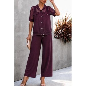 Conjunto de Dos Piezas de Chaqueta y Pantalón Modal con Detalles de Malla y Botones, Modelo Kadin Kisa Kollu Yakali Onu, 37679 - Bordo - Product Image 2