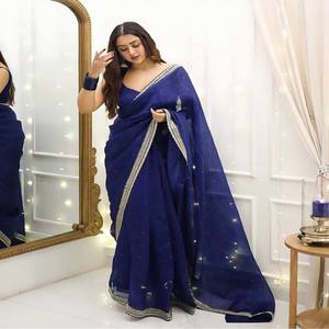 Elegant Heavy Organza Silk Saree for Women with Full Thread, Sequin, and Diamond Work and Unstitched Mono Banglori Silk <b>Blouse</b> - Product Image 1