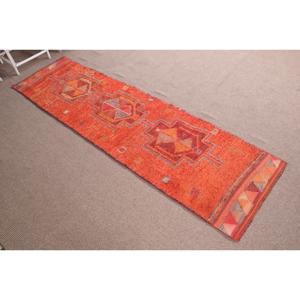 Turkish Rug, 2.7x9.5 ft Vintage Rug, <b>Red</b> Orange Animal Print <b>Wool</b> Rug - Product Image 3