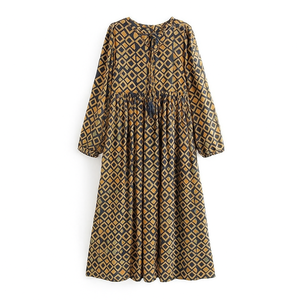 Phổ Biến Nhất Mềm Cotton-Rayon Vải Dài Tay Áo Bohemian Midi Dress Với mắt cá chân Chỉ Trên Lỏng Phong Cách Nữ Ăn Mặc - Product Image 5