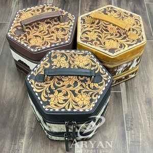 Luxury Hand Tooled Cowhide Leather Zipper Jewelry Storage Organizer Case Bracelet Watch Necklaces Hexagonal Jewelry Travel <b>Box</b> - Product Image 1