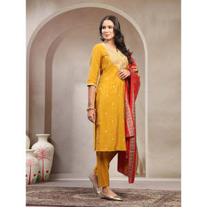 Women's Pure <b>Silk</b> Round Neck Straight <b>Kurta</b> & Trousers with Dupatta Mustard Embroidered Indian & Pakistani Clothing - Product Image 2