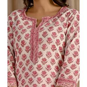 ชุดคุर्ตาผ้าฝ้ายพิมพ์ลายบัตต้าสีขาวชมพูแบบลำลอง แขนสามส่วน สำหรับฤดูใบไม้ผลิ/ฤดูร้อน - Product Image 2