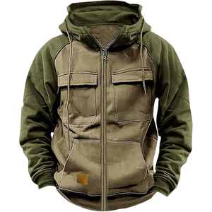 Sudadera con Capucha para Hombre, Chaqueta de Forro Polar con Cremallera y Diseño de Parches, Cálida, Deportiva, para Otoño e Invierno, con Múltiples Bolsillos, Sudadera Moderna - Product Image 1