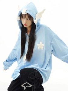 Japonés Kawaii ala con capucha sudadera suelta mujer otoño tejido manga larga cremallera estrella cárdigan abrigo de gran tamaño Y2K - Product Image 2