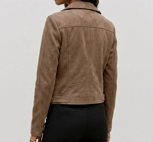 Brown <b>Suede</b> Moto <b>Jacket</b> With Zipper Closure Regular Fit Unisex Autumn Style - Product Image 2