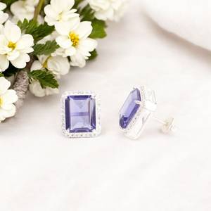 Boucles d'oreilles clous en argent sterling plaqué or avec iolite facettée, coupe octogonale, certifiées IGI, bijoux en pierres précieuses faits à la main, cadeau pour femme - Product Image 4