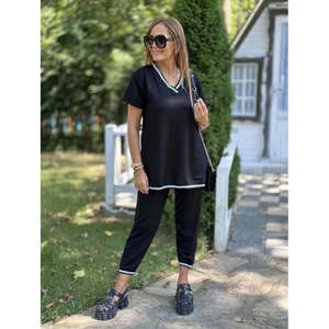 Ensemble deux pièces pour femme, chemisier à manches courtes et col en V, pantalon, 35789 - Noir - Product Image 4