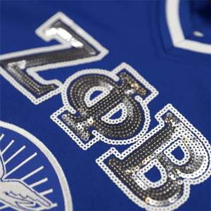 ZPB Football Jersey - <b>Royal</b> <b>Blue</b> 100% Polyester Zeta Phi Beta Jersey with Embroidered Logos & Shield V-Neck, Striped Sleeves - Product Image 5