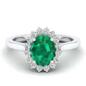 Luxury Custom Ring Round Shape Natural Green Emerald Solitaire Ring 14K Solid Gold Natural Diamond Wedding Rings