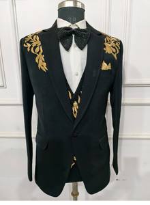 ทักซิโด้ปักด้วยมือดีไซน์เนอร์สีดำเสื้อแจ็กเก็ตสีดำเจ้าบ่าวแบบดั้งเดิมชุดสูท3ชิ้นสำหรับงานแต่งงานสไตล์อินเดียชนเผ่า - Product Image 5