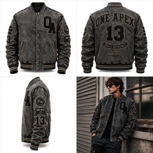 Custom Charcoal Acid Wash Hooded V-neck Distressed Letterman <b>Baseball</b> <b>Jacket</b> Vintage Wool Leather Winter OEM ODM - Product Image 5