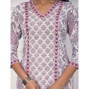 Hand Drawn White Butti Block Printed Cotton Straight <b>Kurti</b> with Pakistani Style Salwar Kameez for Daily Wear and Parties - Product Image 2