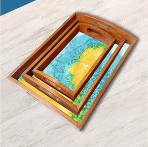 Faire semblant de plateau de service en bois de concepteur ensemble de 3 pièces imprimées numériquement avec une technologie artisanale décorative d'aspect brillant - Product Image 1