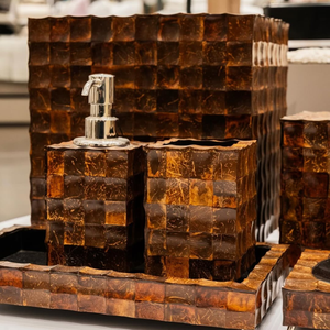 Accessoires de salle de bain incrustés de coquille de noix de coco naturelle rustique fabriqués à la main accessoires de salle de bain d'hôtel du Vietnam - Product Image 5