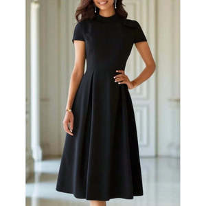 Vestido Midi de Crepé Brillante con Cuello Alto y Pliegues de Manga Corta para Mujer, Estilo Elegante para Uso Diario y Oficina, de Jane's - Product Image 1
