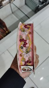 Custom made on pink coloured net base fabric flower designed embroidered <b>laces</b> in 1.25 inch width for garment decoration. - Product Image 4