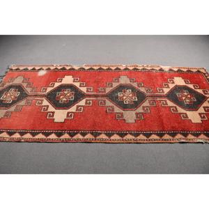 Turkish Vintage <b>Wool</b> Area Rug 3.6x8.4 ft (111x255 Cm) <b>Red</b> Patchwork Rug with Eco-Friendly Latex Backing - Product Image 2