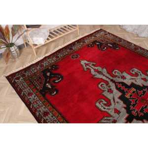 Turkish Oversize Rug 7.1x10.3 ft (215x315 cm), Vintage <b>Red</b> Geometric <b>Wool</b> Rug - Product Image 4