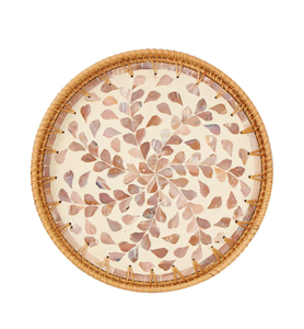 Bandeja Redonda Decorativa de Ratán Tejida a Mano con Incrustaciones Florales de Nácar, para el Hogar, Mesa, de Vietnam - Product Image 1