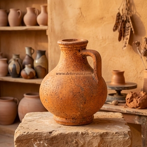 Vase en terre cuite rustique Mado Orange avec poignée, pot en argile artisanal, carafe décorative en céramique, urne de table en gros - Product Image 2