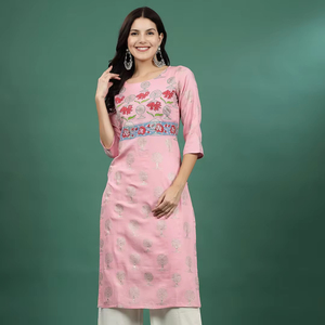 Ropa Tradicional de Mujer con Bordado de Algodón, Manga Larga, Kurtis Elegantes con Corte en A, Pantalones en Contraste, Venta al Por Mayor, Precios de India - Product Image 1