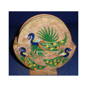 ชุดจานรองแก้วทรงกลมทำจากหินสบู่ธรรมชาติ ดีไซน์ใหม่สวยงาม ลายงานนกยูง เหมาะสำหรับตกแต่งและขายต่อ - Product Image 1