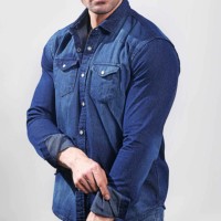 Kemeja Denim musim dingin pria, Jeans kasual Slim Fit lengan panjang Logo kustom modis