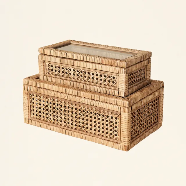 Functional Versatile Rattan & Glass Display Box Charismatic Rattan Woven Display Container With Glass Lid