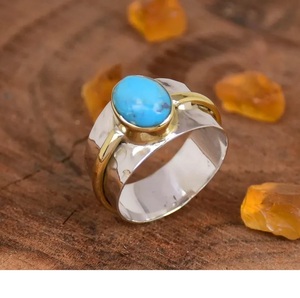 Mohave <b>Turquoise</b> <b>Ring</b> 925 Sterling Silver Handmade Oval Gemstone Wide Two Tone Hammered Statement <b>Ring</b> for Women - Product Image 4