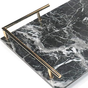 Plateau de service rectangulaire moderne en marbre noir avec poignées en métal doré pour la décoration de la maison, l'hôtel, le restaurant, la table basse, la cuisine - Product Image 6