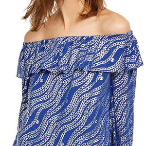 Top da donna Michael Kors taglie forti con stampa floreale, volant e spalle scoperte, blu, taglia 0X, con logo ricamato in pizzo e paillettes - Product Image 2