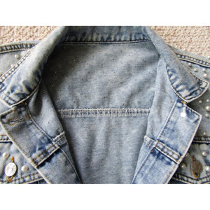 Women Embellished Casual <b>Jeans</b> Jacket Pearl Rhinestone Light Blue Button up Oversized <b>Jeans</b> Button up Jacket for Ladies - Product Image 5