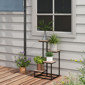 Outsunny, étagère à plantes en acier et bois à 4 niveaux, 40x40x75.5 cm, marron et noir - Product Image 2