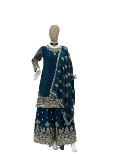 Elegant Dark Blue <b>Silk</b> Salwar Kameez With Gold Embroidery Traditional Pakistani Designer Stitched Suit Floor-Length Women's Wear - Product Image 3