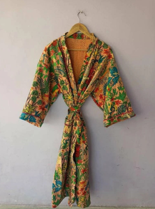 Veste Kimono Réversible en Coton Kantha Unisexe, Robe à Fleurs de Luxe Faite à la Main, Manteau Pêche Tropicale avec Cordon, pour Tenue Décontractée Printemps - Product Image 6